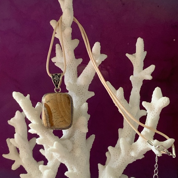 Picture Jasper Pendant Necklace 
on Beige Waxed Cotton Cord  Handmade - Picture 5 of 14